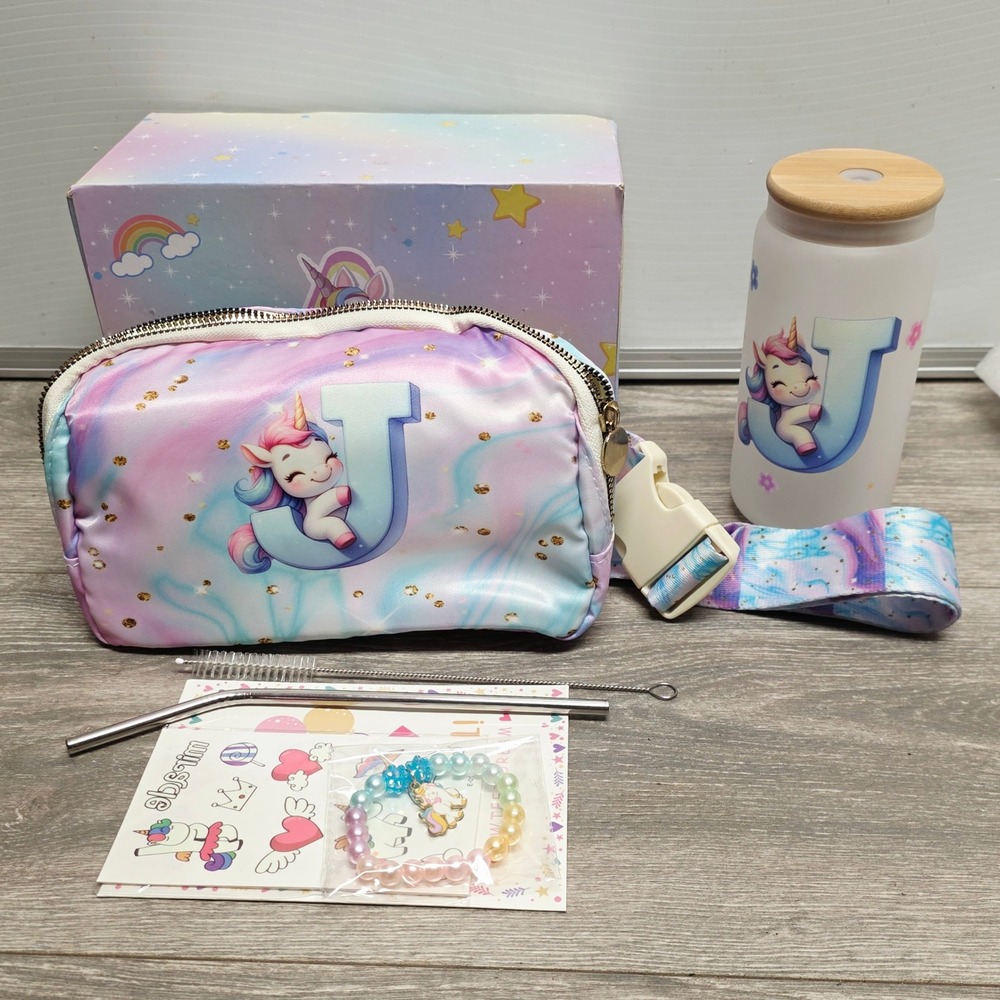 Unicorn Magic Initial J Gift Set Belt Bag Glass Tumbler Bracelet Stickers New
